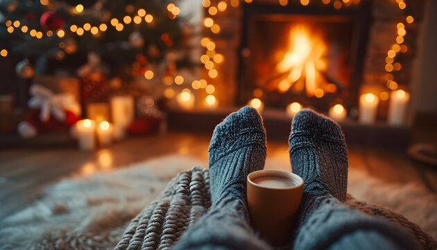 Feet in wool socks by the christmas fireplace - woman relaxes by warm fire with candles with a cup of hot chocolate - cozy xmas winter night