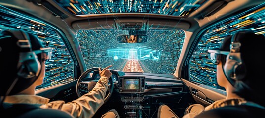 Engineer coding autonomous vehicle with holographic elements, machine learning, blurred background