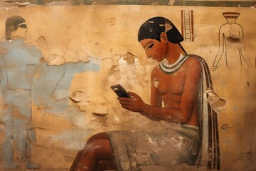 Ancient egyptian hieroglyphs on the wall of the temple of a Egyptian using a smartphone