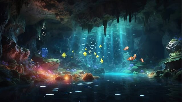 landscape of a cave in the sea with fish and sea plants, seamless looping 4k resolution, animation video background
