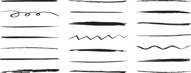 Brush sketch line, charcoal scribble, chalk drawn underline, pencil stroke mark, crayon and pen marker, graffiti paint doodle vector set, grunge effect. Drawing ink illustration - obrazy, fototapety, plakaty