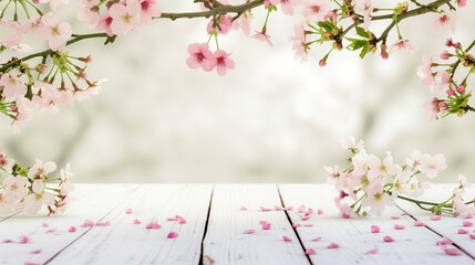 白塗りの木材に広がる春の柔らかな桜の花びら。リラックスした日本・ハーモニーのイメージ。