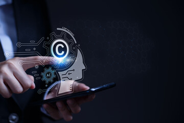 Legal concepts regarding copyright and patents on intellectual property arising from AI technology. - obrazy, fototapety, plakaty