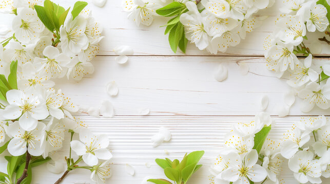 白塗りの木材に広がる春の柔らかな桜の花びら。リラックスした日本・ハーモニーのイメージ。