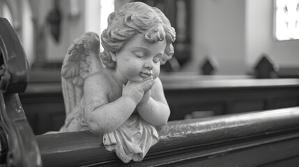 A solemnfaced cherub sitting in a church pew hands folded in prayer.