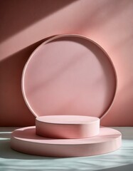 a pink wall background. harmony between form and color,  round pink podium, modern and abstract minimal scene unfolds,