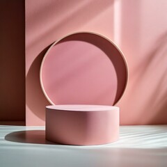 harmony between form and color,  round pink podium a pink wall background. A modern and abstract minimal scene unfolds,