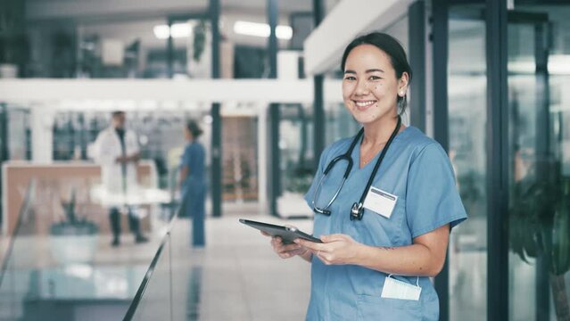 Hospital, face and nurse with smile, tablet and professional career in health insurance service. Portrait of happy doctor, caregiver or medical worker with online chart in lobby of healthcare clinic.