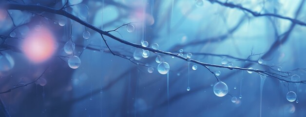 Raindrops on a tree branch in the dark. Generative AI.