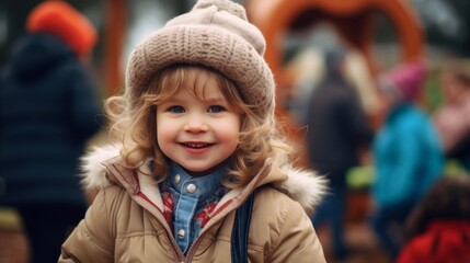 Cute child with blue eyes and curly hair smiling warmly, wearing a cozy winter hat outdoors.
