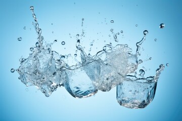 Three glasses of water splashing on a blue background. Generative AI.