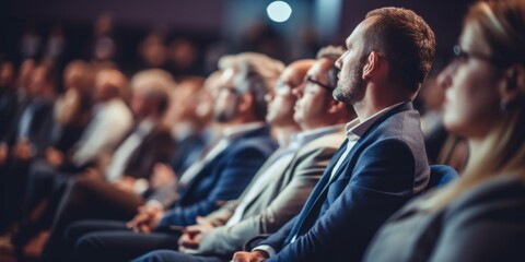 Fototapeta na wymiar A focused audience attentively listens to a speaker at a professional business conference event.