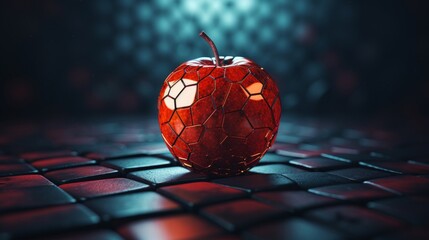 A red apple with a unique geometric pattern sits on a dark, textured surface, creating a modern artistic look.
