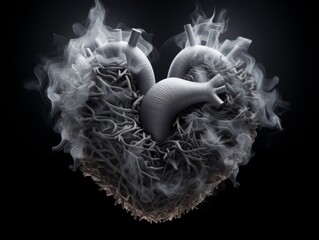 A conceptual piece featuring a human heart with arteries enveloped in smoke, symbolizing a burning passion or a warning on health.