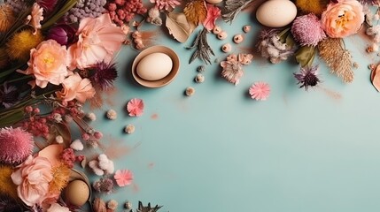 Obraz na płótnie Canvas Top View of Happy Easter Day banner concept design of colorful eggs and plants on pastel background