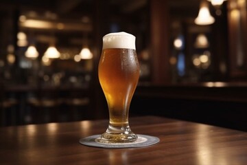 Golden lager in glass with foam in pub. Generative AI - obrazy, fototapety, plakaty