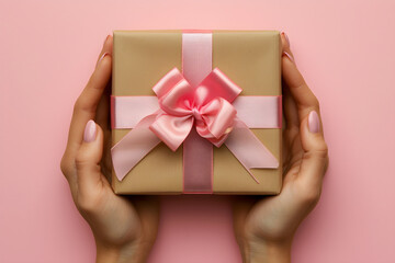 Top view of woman hands holding gift box wrapped and decorated with satin ribbon