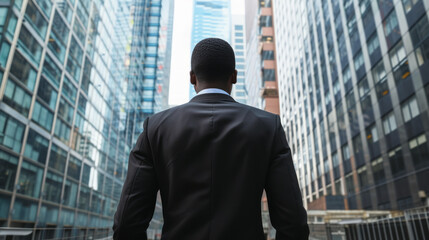 Fototapeta na wymiar Back view of an African-American businessman in a formal suit against the backdrop of skyscrapers in the business district of the city. Success and prosperity. Hard work in finance.