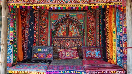 Bohemian Style Indian Canopy with Ornate Textiles and Cushions