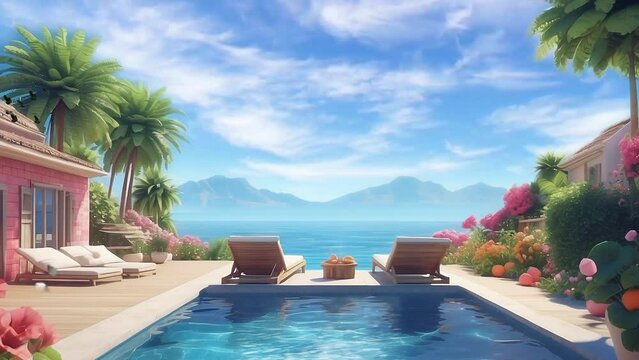 landscape of beach chair with umbrella in the beach, seamless looping 4k resolution, animation video background