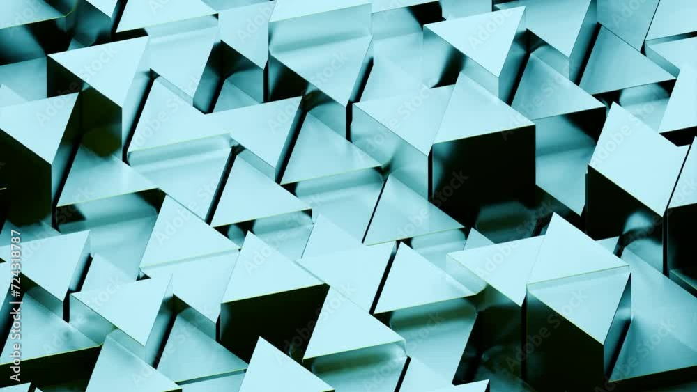 Poster metal triangles move on surface. design. background animation with moving 3d triangles. dynamic move