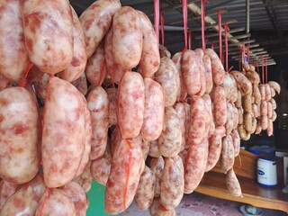 rope on a fence, Dry beef in the market, Sausage, Lao Food