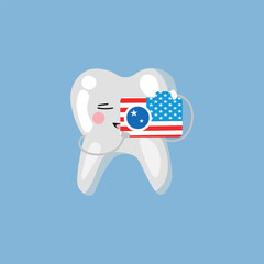 Cute human tooth with photo camera in colors of USA flag on blue background