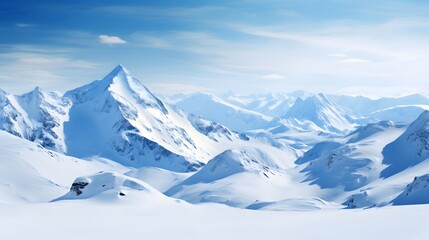 Winter mountain panorama with snow and blue sky, 3d illustration