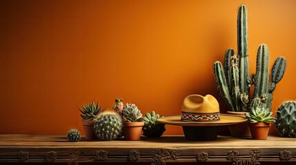 Fototapeta na wymiar Cinco de Mayo background with hat ornaments and cactus plants for banners or posters