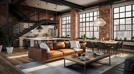 Panorama of modern loft living room interior design 3d rendering illustration