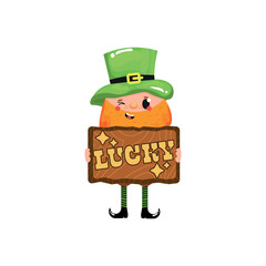 Funny leprechaun holding board with text LUCKY on white background. St. Patrick's Day celebration