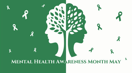 Poster for Mental Health Awareness Month with human heads and ribbons