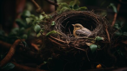 Image of a bird nestled within a carefully intertwined bundle of twigs.
