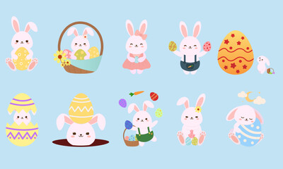 Naklejka premium Set of cute bunnies with Easter eggs on light blue background