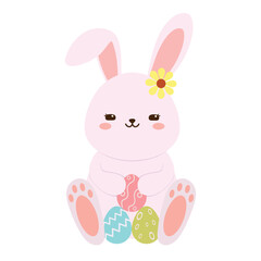 Cute bunny with Easter eggs on white background