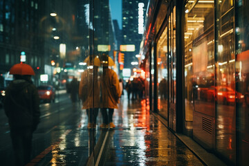 fresh and pure human with A depiction of vibrant and enchanting urban life as a rainy city illuminates with lights and reflections during transition from day to night - obrazy, fototapety, plakaty