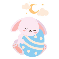 Cute sleeping bunny with Easter egg on white background