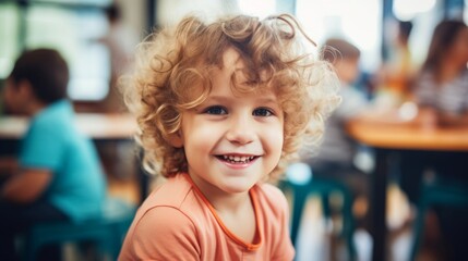 Portrait of a curly-haired young child smiling cheerfully in a bright indoor setting.