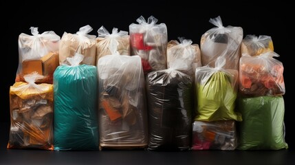 Bags of sorted waste stand aligned, highlighting the importance of recycling and waste management.