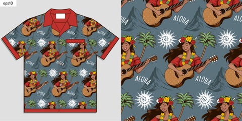 Hula Girls cartoon playing the guitar on a mockup of a Hawaiian shirt. Summer fashion featuring clothing with Aloha vibes. Ethnic seamless pattern. Digital Artwork for prints. - obrazy, fototapety, plakaty