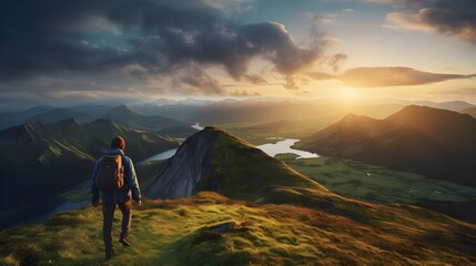 Backpacker man hiking in mountain with beautiful view landscape