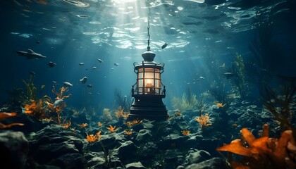 Lantern in the sea. Underwater world. 3d rendering