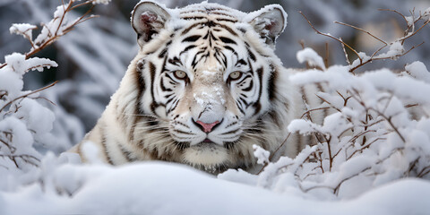 Fototapeta na wymiar tiger in snow, Portrait of Tiger in its natural habitat siberian tiger in meadow, A majestic white tiger with piercing blue eyes, GENERATIVE AI,