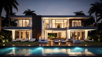 3d rendering of modern cozy house with pool and parking for sale or rent in luxurious style and beautiful landscaping on background. Clear summer night with many stars on the sky. - obrazy, fototapety, plakaty
