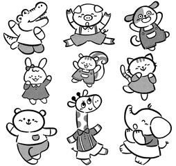 かわいい動物のキャラクター　手描きイラスト素材セット　線画