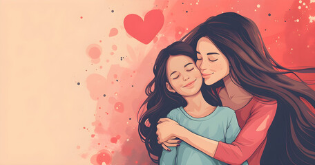 Illustration of a mom and daughter hugging each other with copy space for text, perfect for Mother's Day celebration