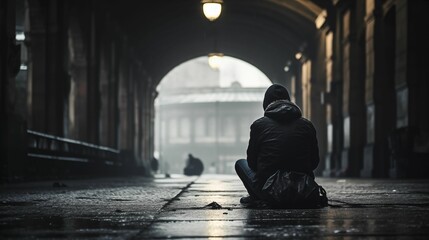 Image of a lonely homeless man on cold streets. - obrazy, fototapety, plakaty