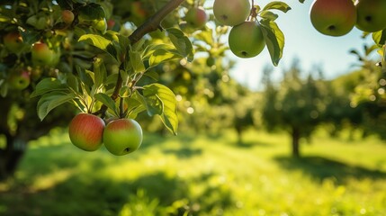 Image of a lush apple orchard. - obrazy, fototapety, plakaty