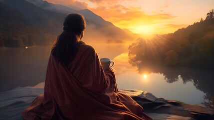 young woman relaxes in beautiful landscape view water in morning.
