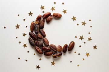 Dates arranged in the shape of a crescent moon with star decorations, for an Eid Mubarak concept